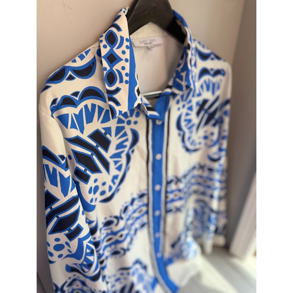 Sweet Rain 3X Blue Black White Print Long Sleeve Blouse Plus Size Polyester